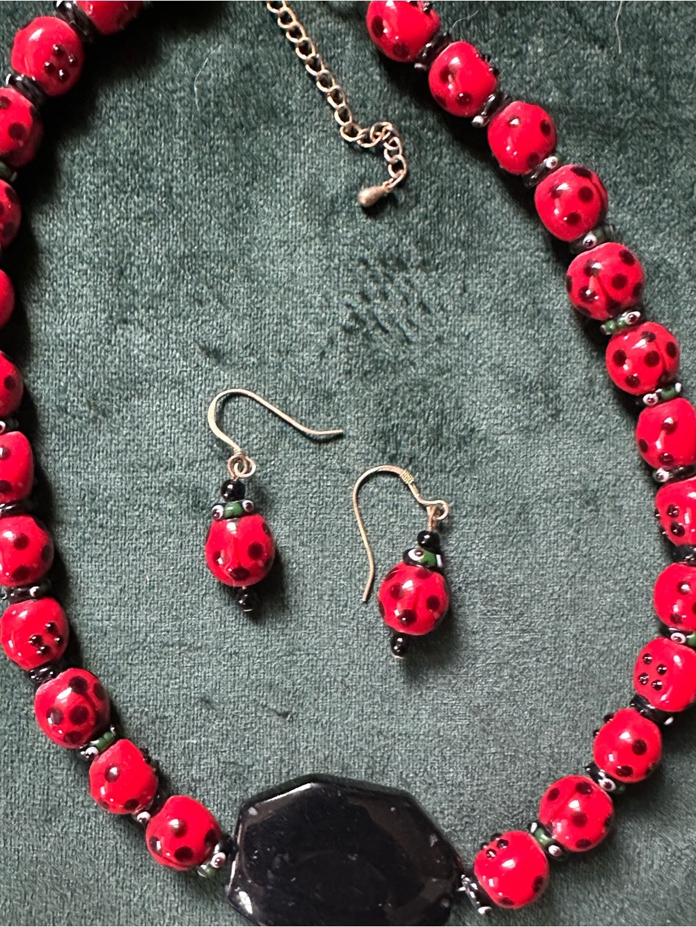 Handcrafted Red Ladybug Bead Necklace & Earrings Set